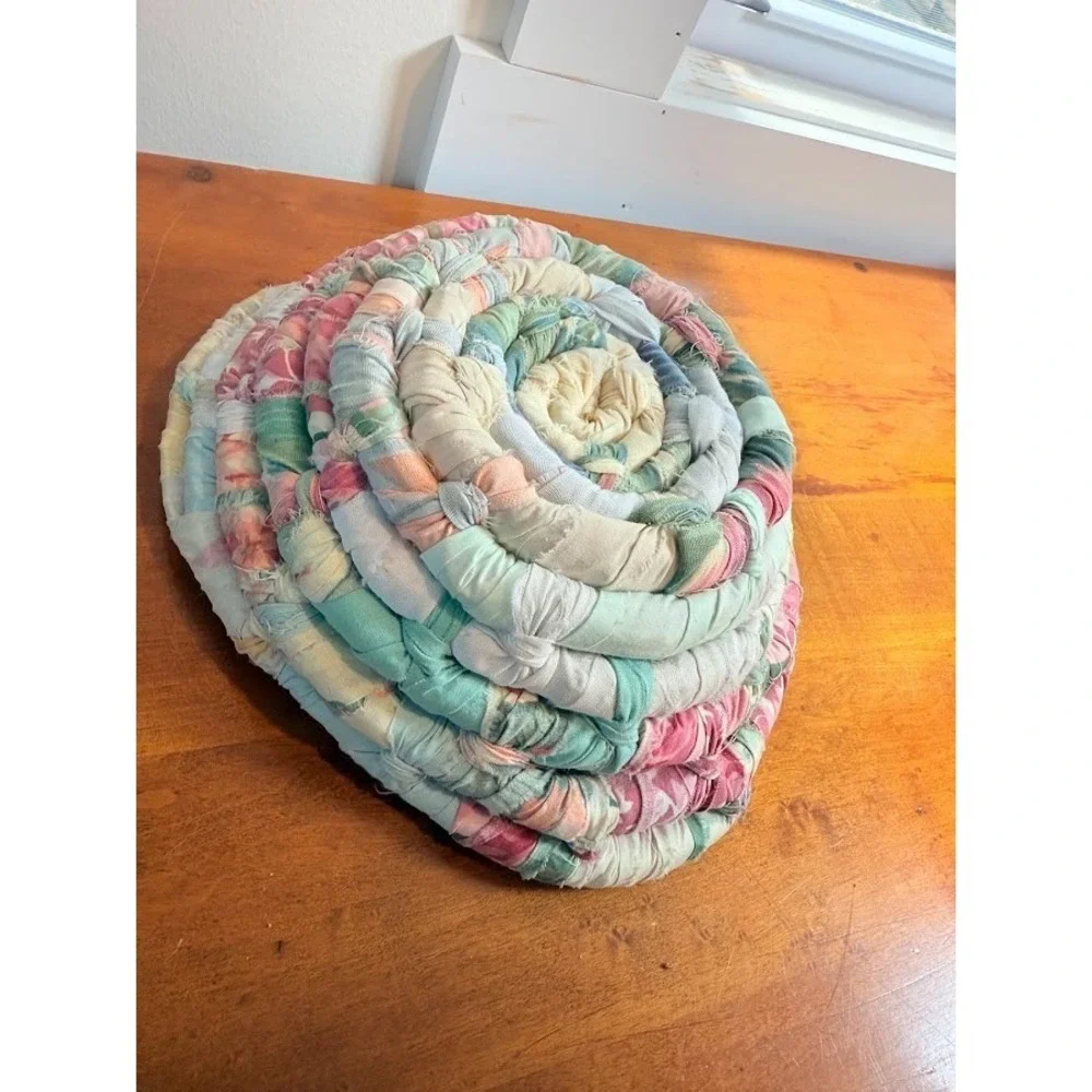 VTG 1980s pastel heart shaped Rag Coiled Basket Peking Handicrafts Whimsy Decor